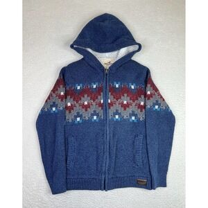 Hollister Sweater Women's Small Blue Full Zip Hooded Sherpa Lined Fair Isle